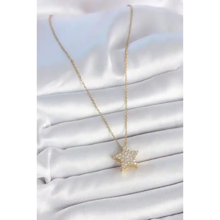 316L Çelik Gold Renk Zincir Zirkon Taşlı Yıldız Model Kadın Kolye