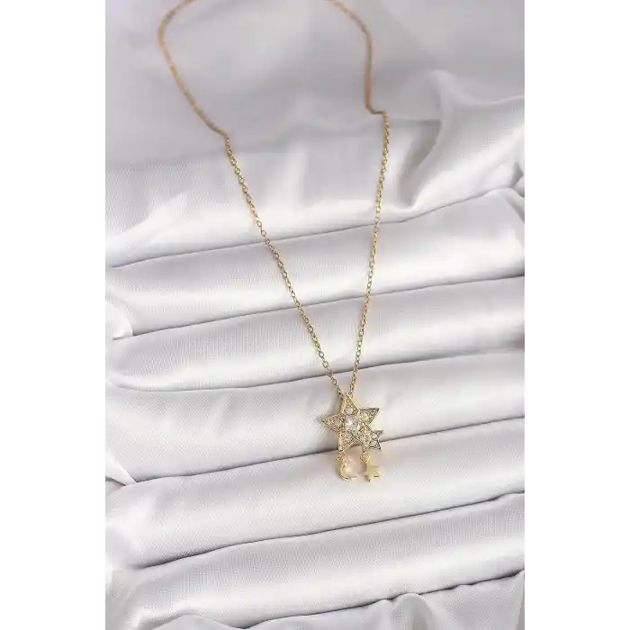 316L Çelik Gold Renk Zincir Zirkon Taşlı Yıldız Model Sallanı Ay Yıldız Detay Kadın Kolye