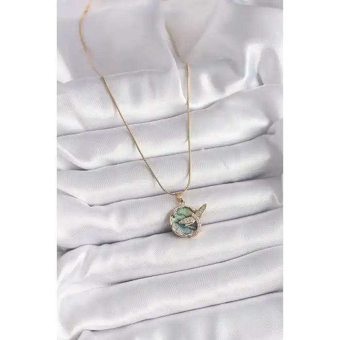 316L Çelik Gold Renk Zincir Zirkon Taşlı Yusufçuk Model Kadın Kolye