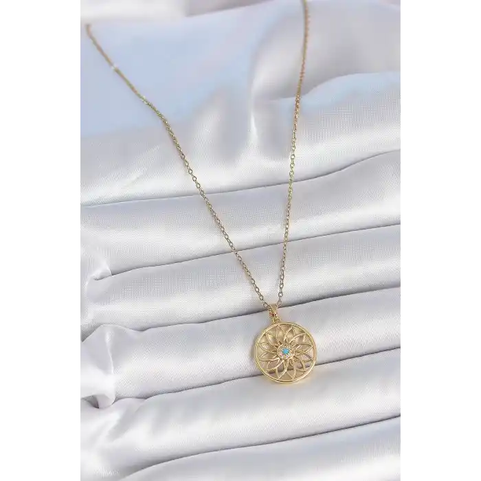 316L Çelik Gold Renk Zincr Mavi Taşlı Lotus Model Kadın Kolye