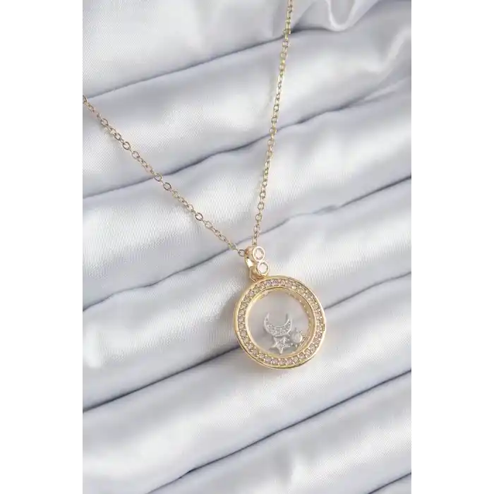 316L Çelik Gold Renk Zirkon Taş Detay Ay Yıldız Fanus Model Kadın Kolye