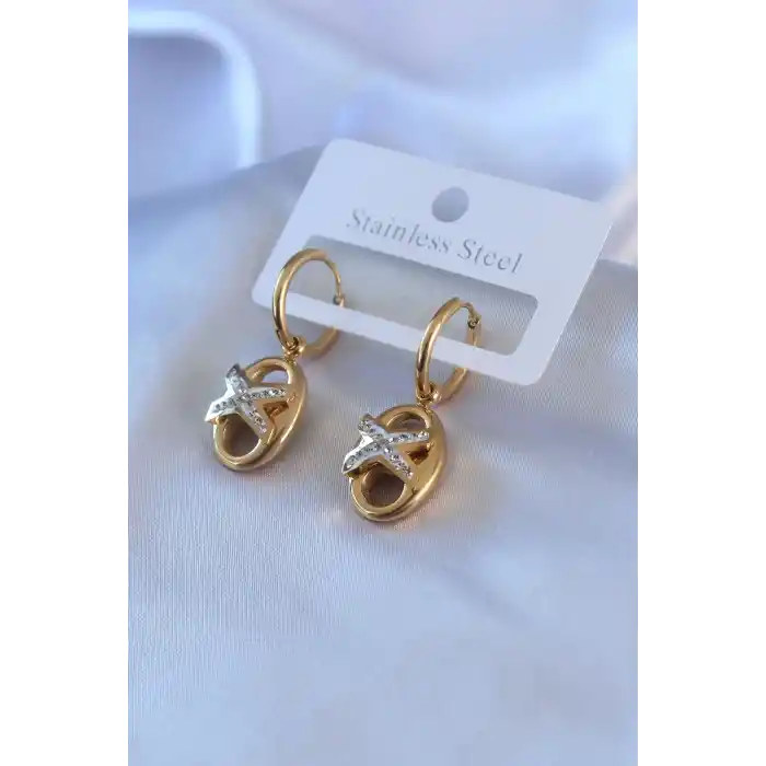 316L Çelik Gold Renk Zirkon Taş Detay Kadın Küpe