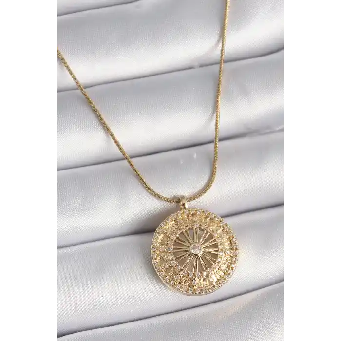 316L Çelik Gold Renk Zirkon Taşlı 12 Burç Madalyon Model Kadın Kolye
