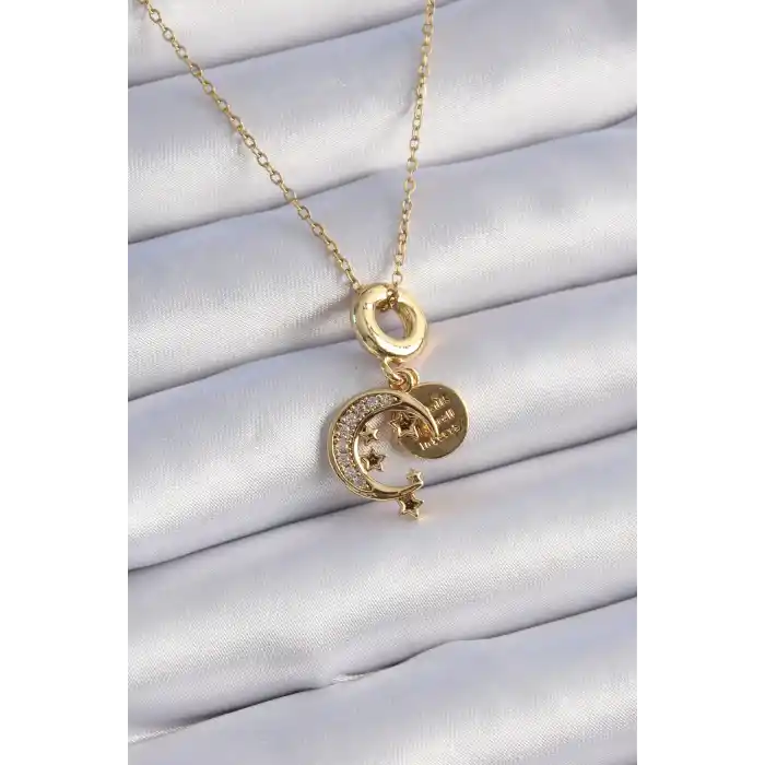 316L Çelik Gold Renk Zirkon Taşlı Ay Yıldız  Model Charm Model Kadın Kolye