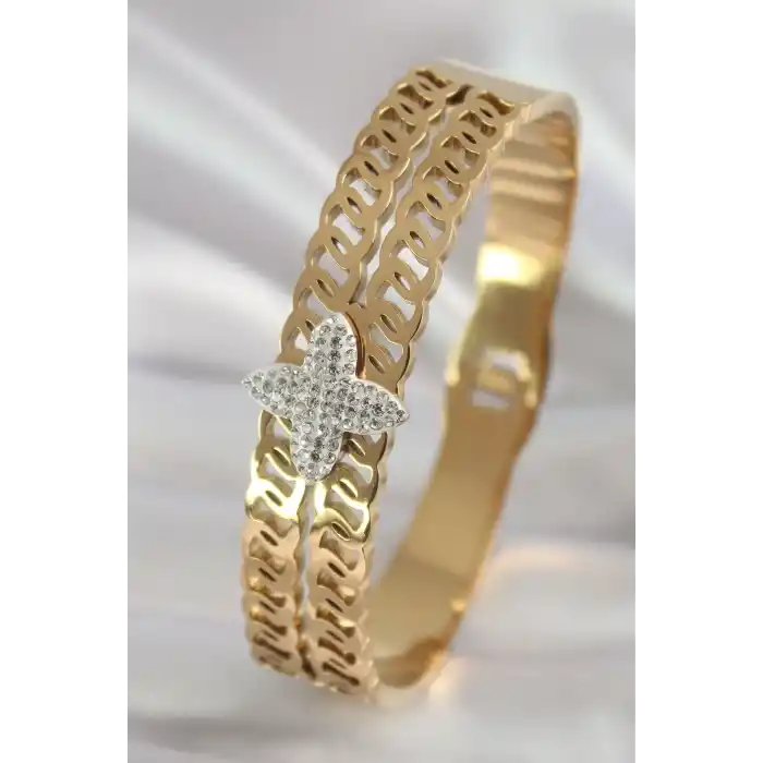 316L Çelik Gold Renk Zirkon Taşlı Çiçek Model Kadın Kelepçe