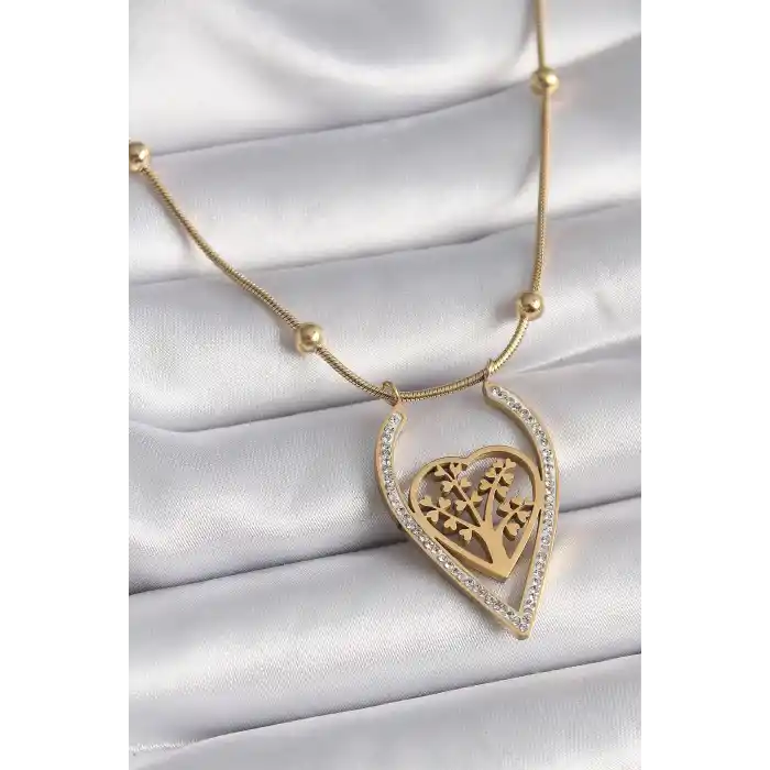 316L Çelik Gold Renk Zirkon Taşlı Detaylı Kalp Fidan Model Kadın Kolye
