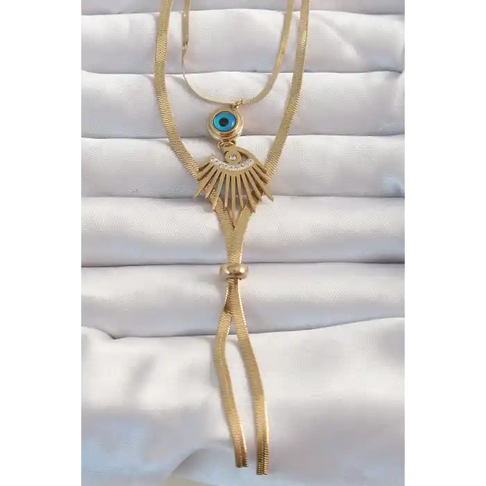 316L Çelik Gold Renk Zirkon Taşlı Göz Detay Nazarlı Uzun Asansör Model Kolye
