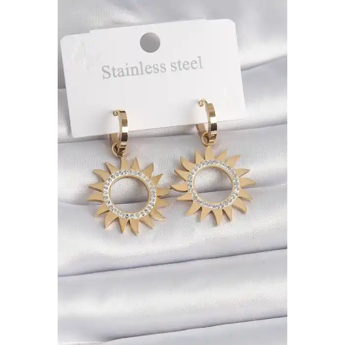 316L Çelik Gold Renk Zirkon Taşlı Güneş Model Kadın Küpe