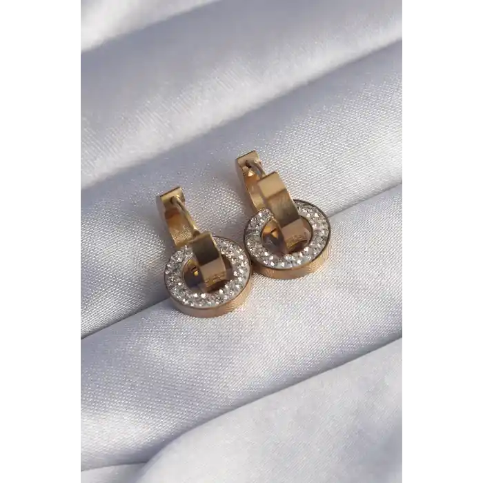 316L Çelik Gold Renk Zirkon Taşlı İç İçe Geçmeli Oval Küpe