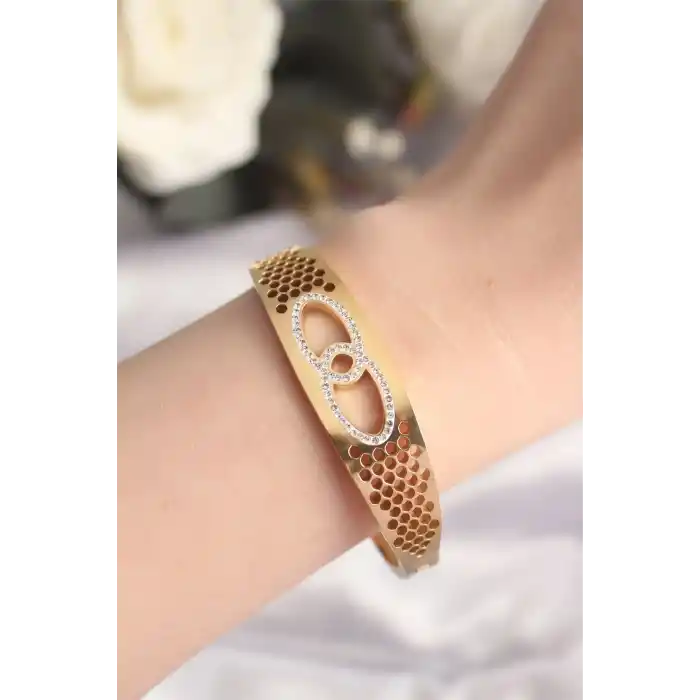 316L Çelik Gold Renk Zirkon Taşlı Kadın Kelepçe Bilezik