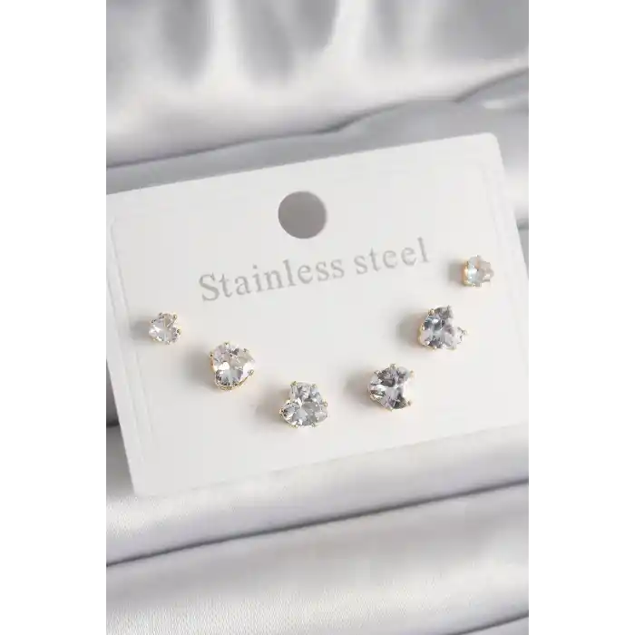 316L Çelik Gold Renk Zirkon Taşlı Kalp Model Kadın Küpe Seti