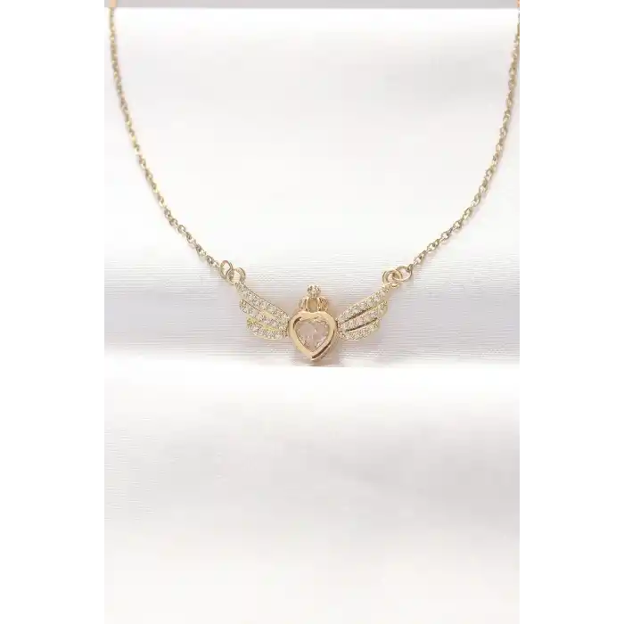 316L Çelik Gold Renk Zirkon Taşlı Kalpli Kanat Kolye