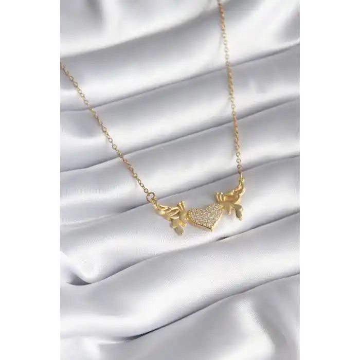 316L Çelik Gold Renk Zirkon Taşlı Kanatlı Kalp Model Kadın Kolye