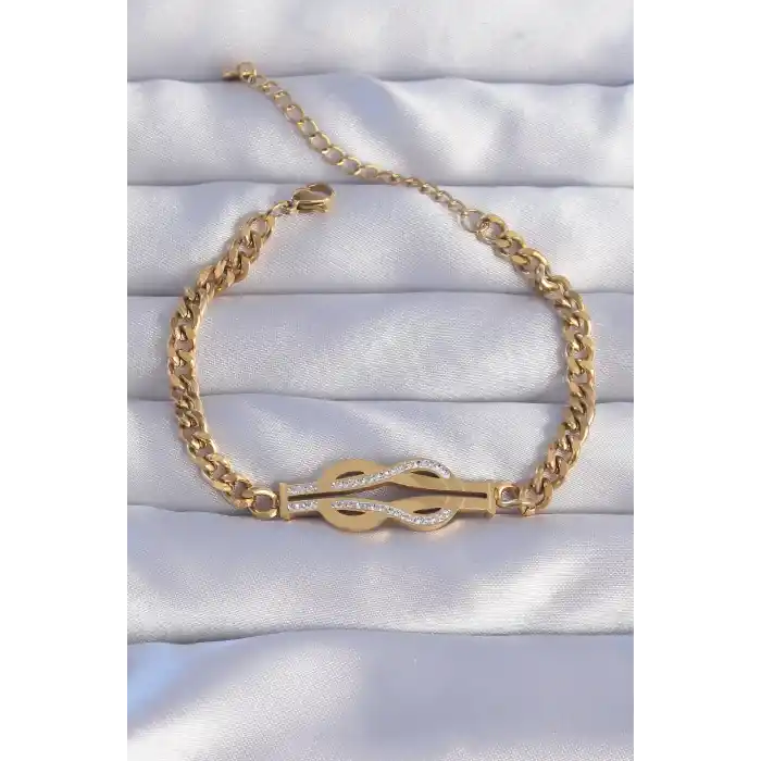 316L Çelik Gold Renk Zirkon Taşlı Kemer Tokası Model Zincir Bileklik