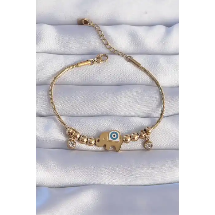 316L Çelik Gold Renk Zirkon Taşlı Nazarlı Fil Tasarımlı Bileklik