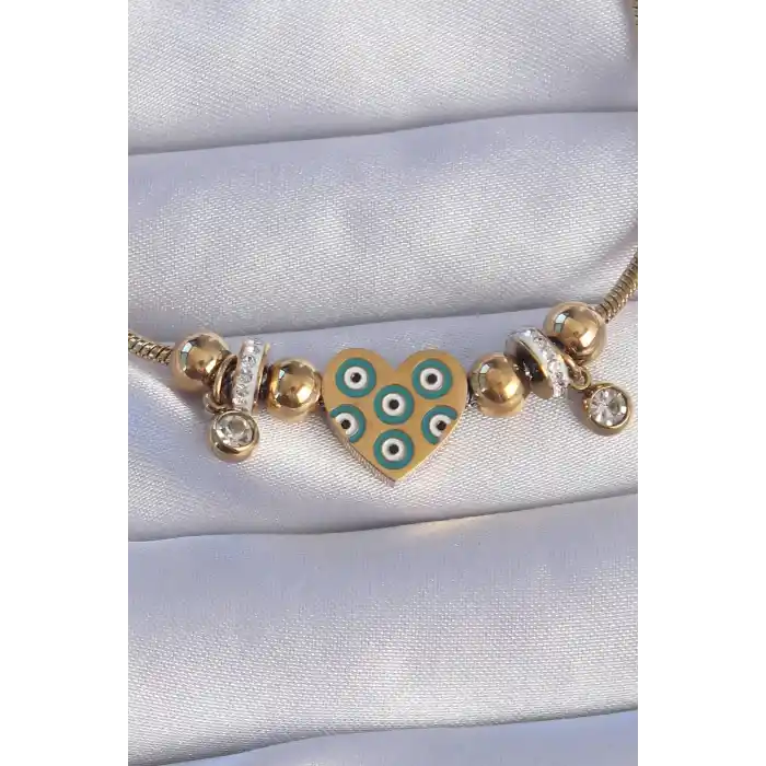 316L Çelik Gold Renk Zirkon Taşlı Nazarlı Kalp Tasarımlı Bileklik