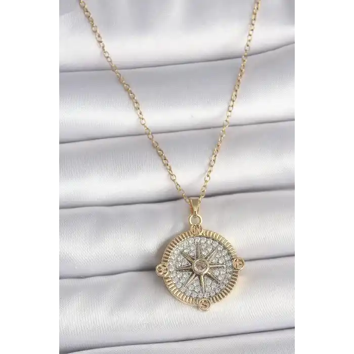 316L Çelik Gold Renk Zirkon Taşlı Pusula Model Kadın Kolye