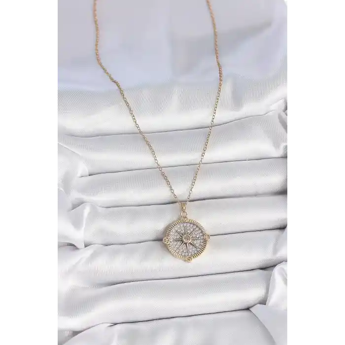 316L Çelik Gold Renk Zirkon Taşlı Pusula Model Kadın Kolye
