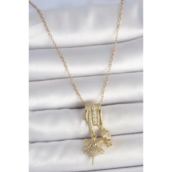 316L Çelik Gold Renk Zirkon Taşlı Sallantı Melek Figür Charm Kadın Kolye