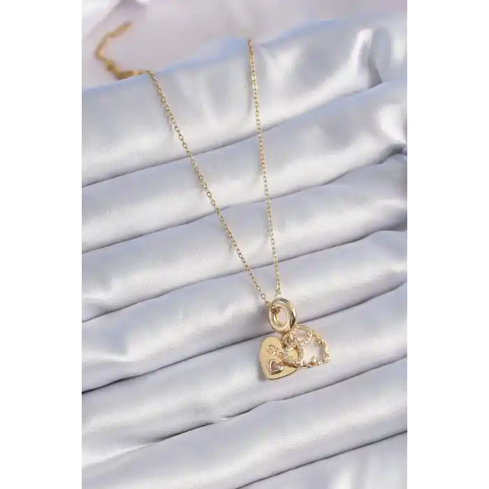 316L Çelik Gold Renk Zirkon Taşlı Sonsuzluk Kalp Figür Charm Model Kadın Kolye