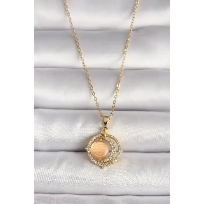 316L Çelik Gold Renk Zirkon Taşlı Turuncu Sedefli Hilal Model Kadın Kolye