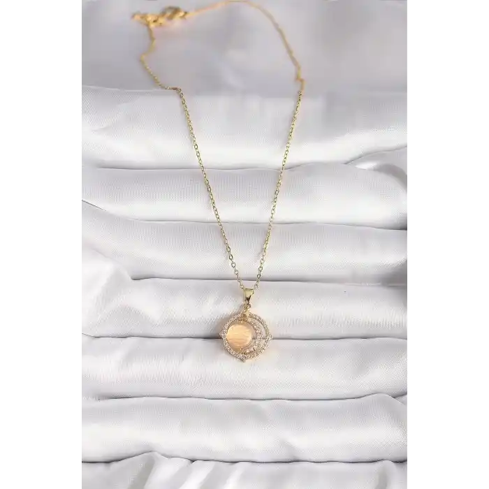 316L Çelik Gold Renk Zirkon Taşlı Turuncu Sedefli Hilal Model Kadın Kolye