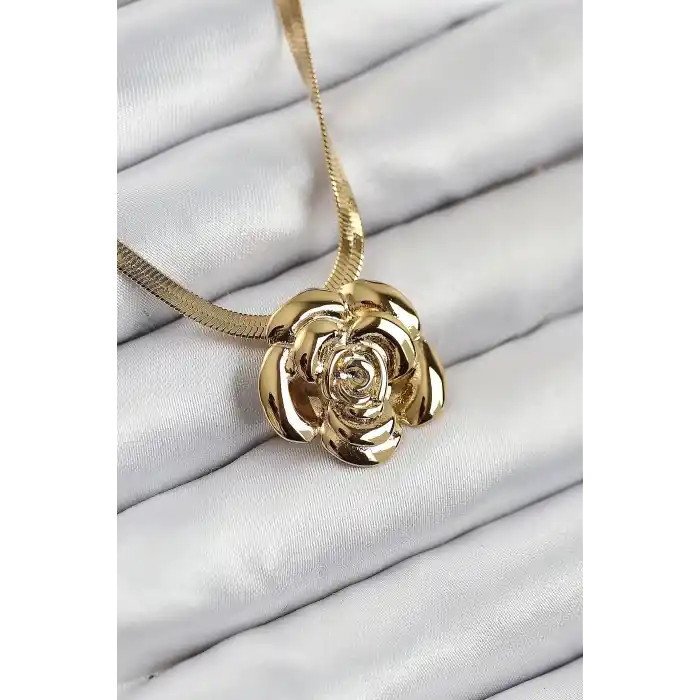 316L Çelik Gül Figürlü İtalyan Zincir Model Gold Renk Kadın Kolye