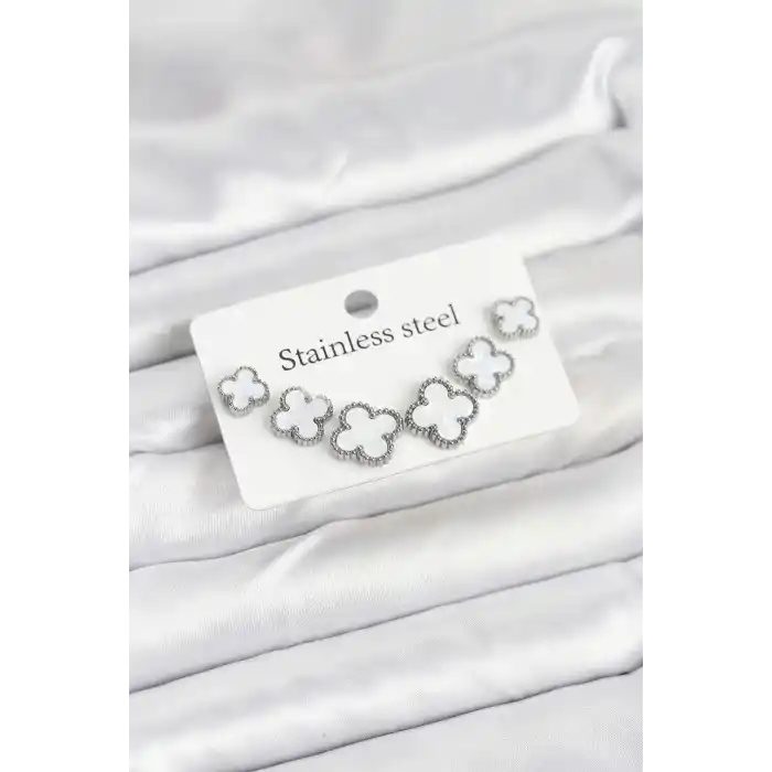 316L Çelik Gümüş Beyaz Renk 3 Boy Yonca Küpe Seti