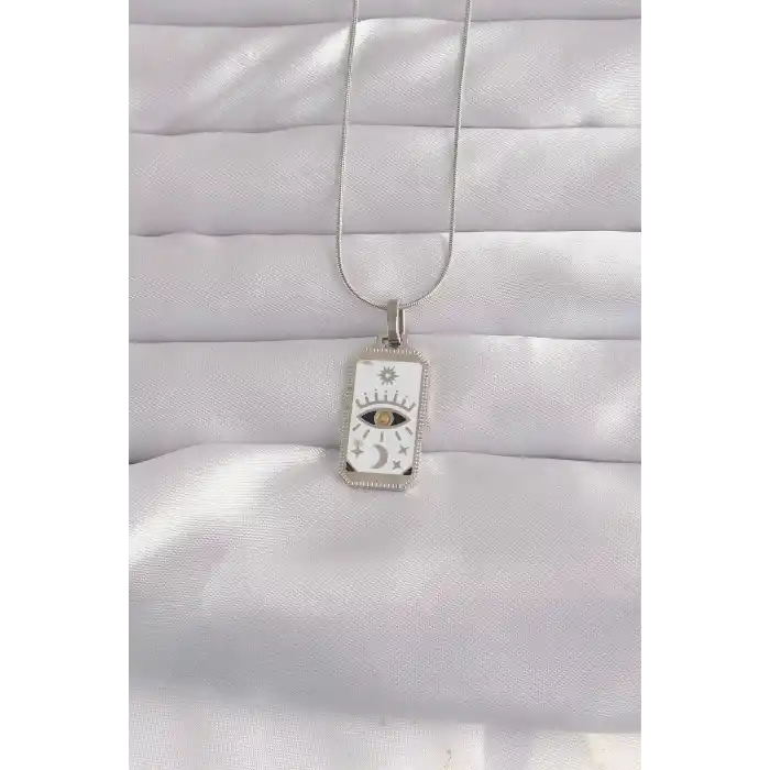 316L Çelik Gümüş Renk Beyaz Mineli Göz Figür Tarot Kolye