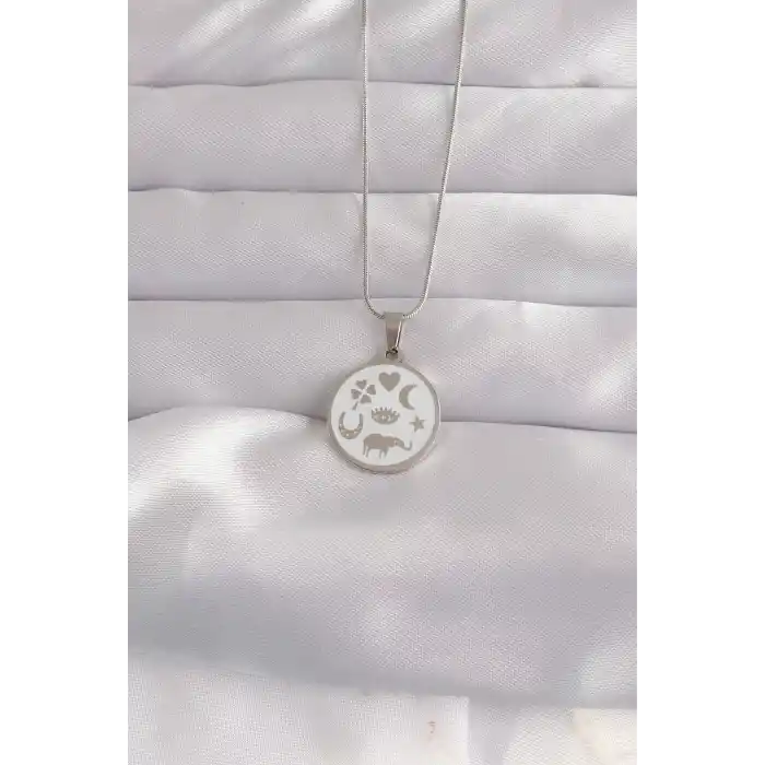 316L Çelik Gümüş Renk Beyaz Mineli Karışık Figürlü Tarot Kolye