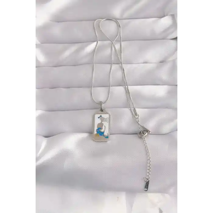 316L Çelik Gümüş Renk Beyaz Mineli Kız Figür Tarot Kolye