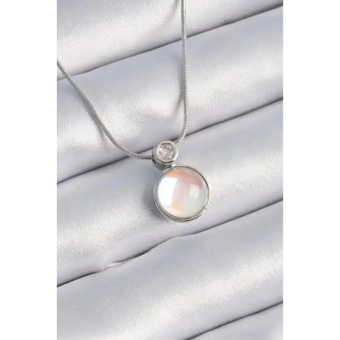 316L Çelik Gümüş Renk Beyaz Sedefli Vintage Model Kadın Kolye