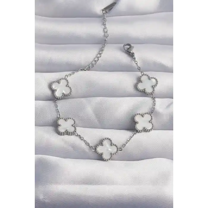 316L Çelik Gümüş Renk Beyaz Sedefli Yonca Bileklik