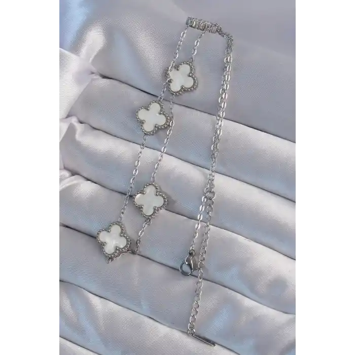 316L Çelik Gümüş Renk Beyaz Sedefli Yonca Kolye