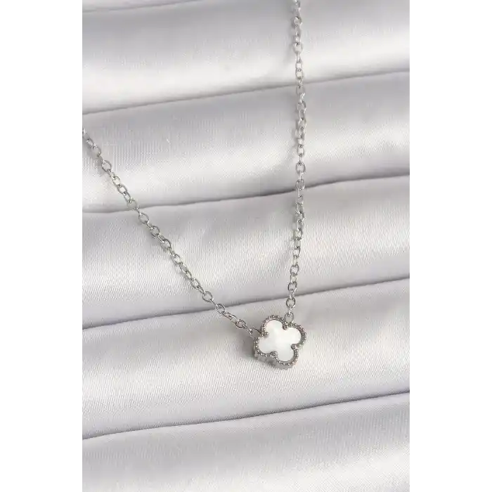 316L Çelik Gümüş Renk Beyaz Yonca Model Kadın Kolye