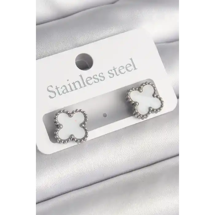 316L Çelik Gümüş Renk Beyaz Yonca Model Kadın Küpe