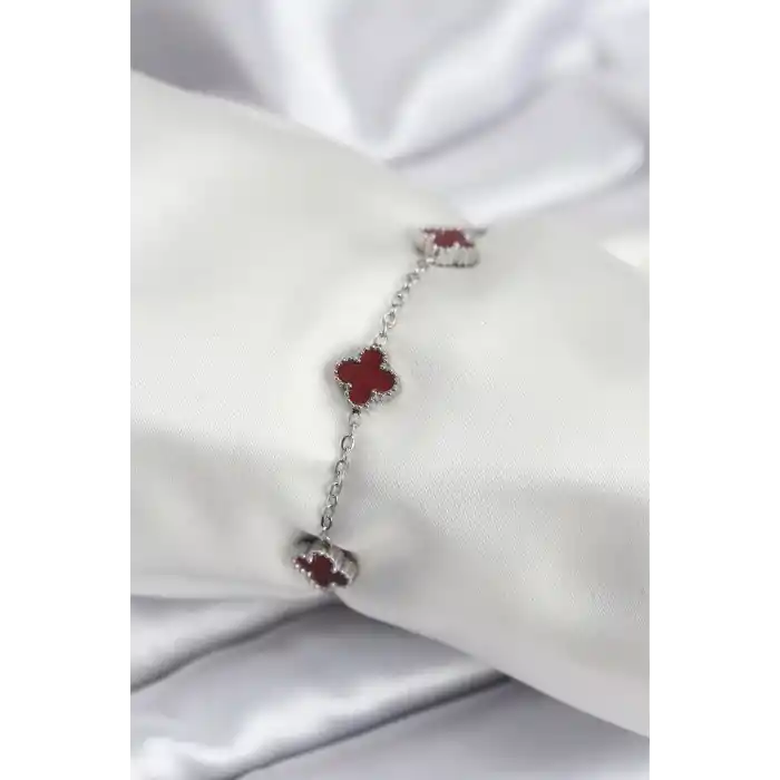 316L Çelik Gümüş Renk Bordo Baby Boy Yonca Kadın Bileklik