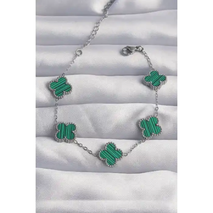 316L Çelik Gümüş Renk Çizgili Yeşil Mineli Yonca Bileklik