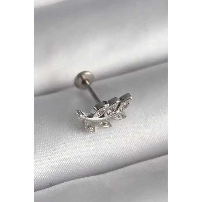 316L Çelik Gümüş Renk Dal Model Zirkon Taş Detaylı Tragus Piercing