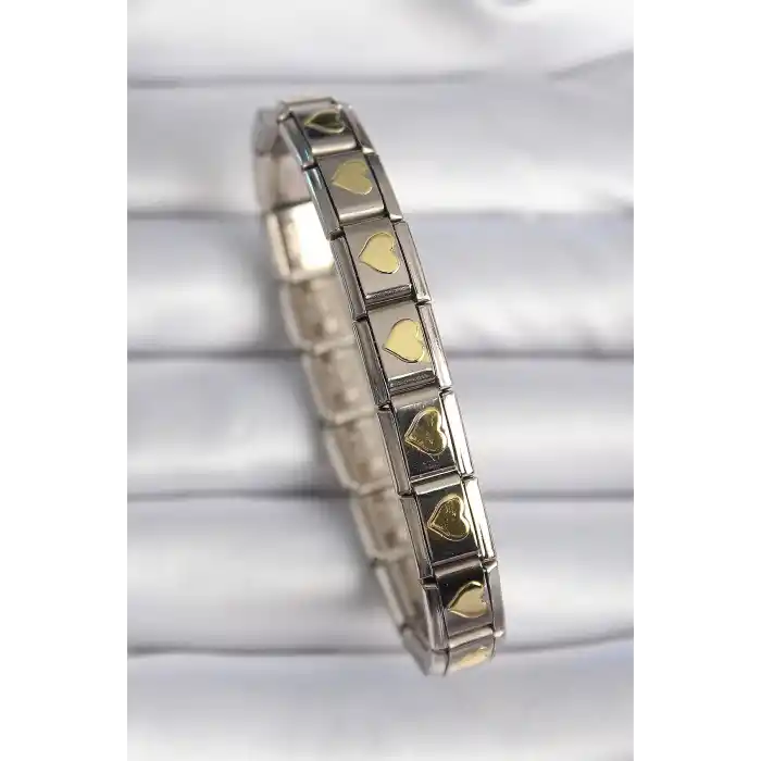 316L Çelik Gümüş Renk Gold Kalp İşleme Nomination Charm Bileklik