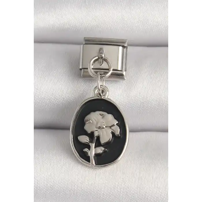 316L Çelik Gümüş Renk Gümüş Çiçek İşlemeli Siyah Portre Model Nomination Charm
