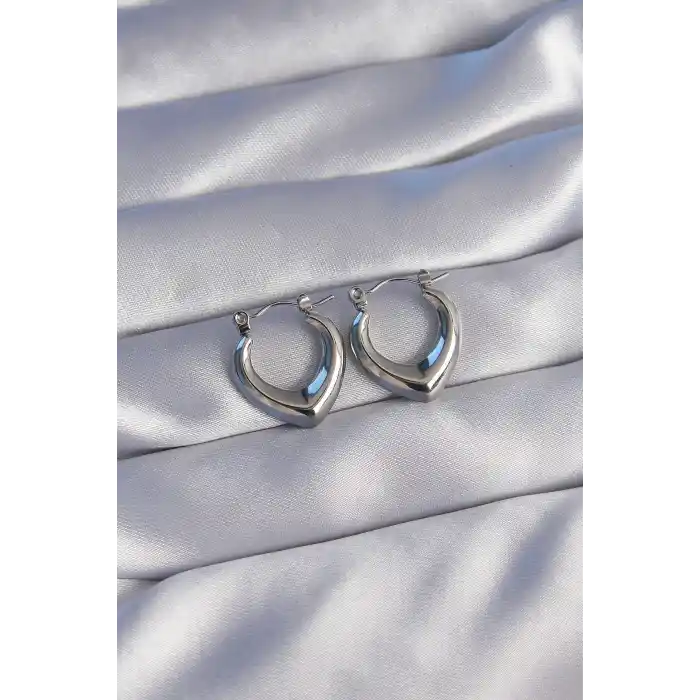 316L Çelik Gümüş Renk İçi Oval Tasarımlı Küpe