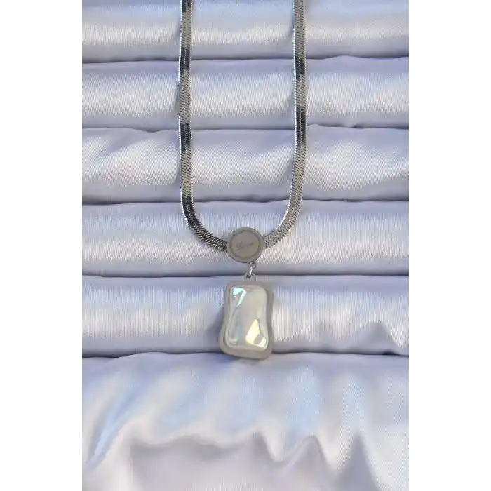 316L Çelik Gümüş Renk İtalyan Zincir Ezme Taşlı Kolye