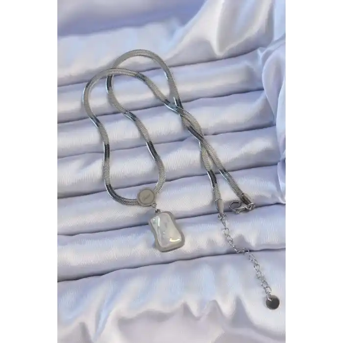 316L Çelik Gümüş Renk İtalyan Zincir Ezme Taşlı Kolye