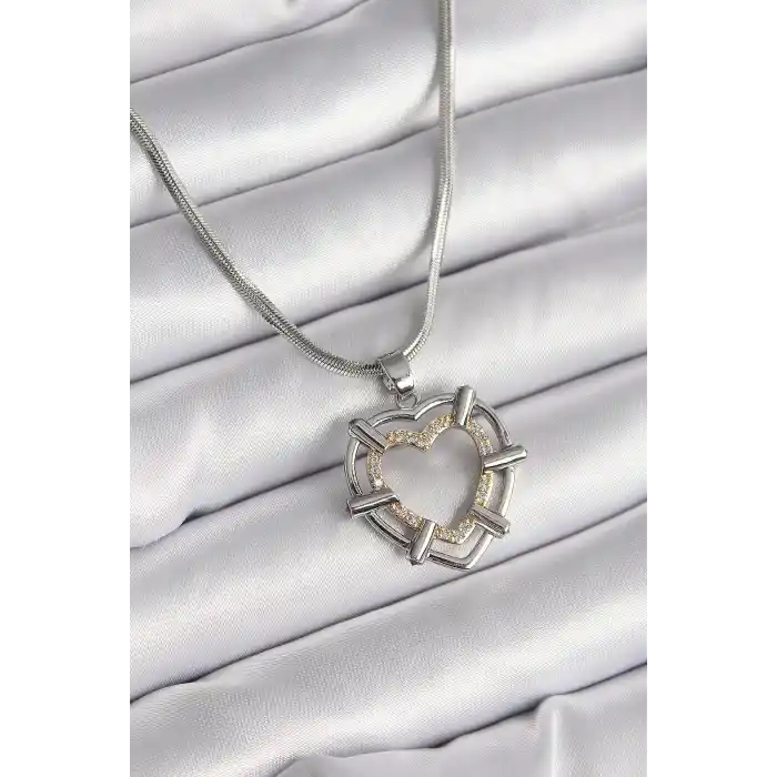 316L Çelik Gümüş Renk İtalyan Zincir Mix Renk Zirkon Taş Detay Kalp Model Kadın Kolye