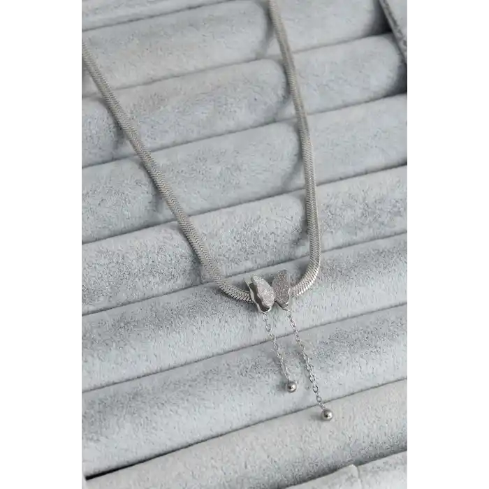 316L Çelik Gümüş Renk İtalyan Zincir Model Simli Kelebek Figür Kadın Kolye