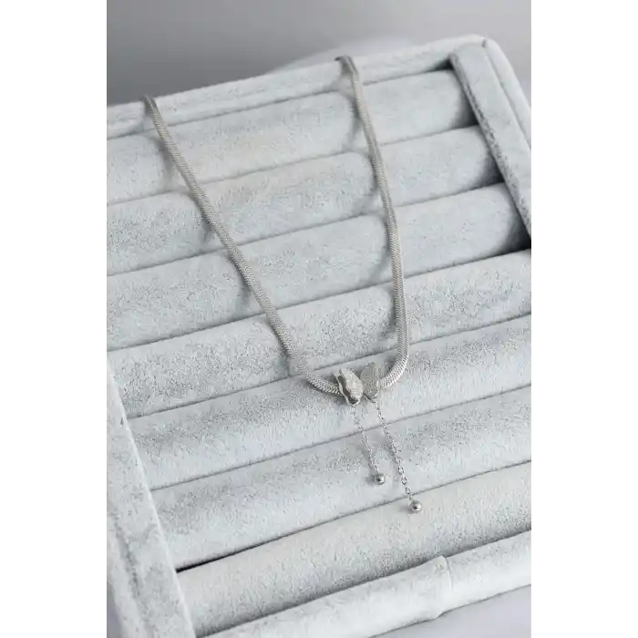 316L Çelik Gümüş Renk İtalyan Zincir Model Simli Kelebek Figür Kadın Kolye