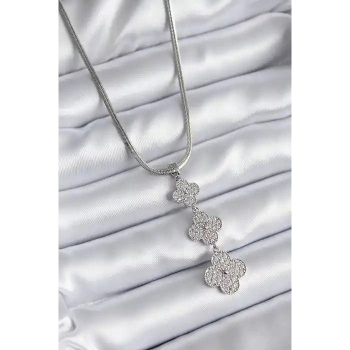316L Çelik Gümüş Renk İtalyan Zincir Zirkon Taşı Yonca Model Kadın Kolye