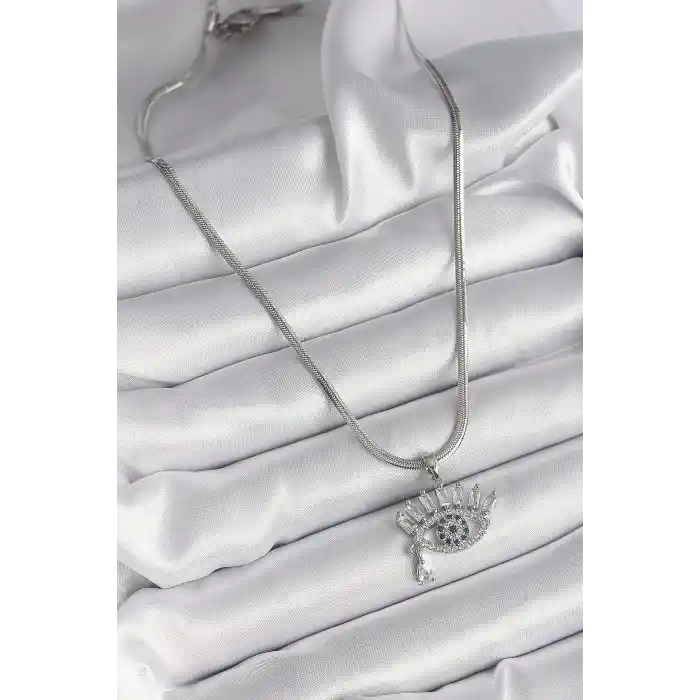 316L Çelik Gümüş Renk İtalyan Zincir Zirkon Taşlı Göz Model Kadın Kolye