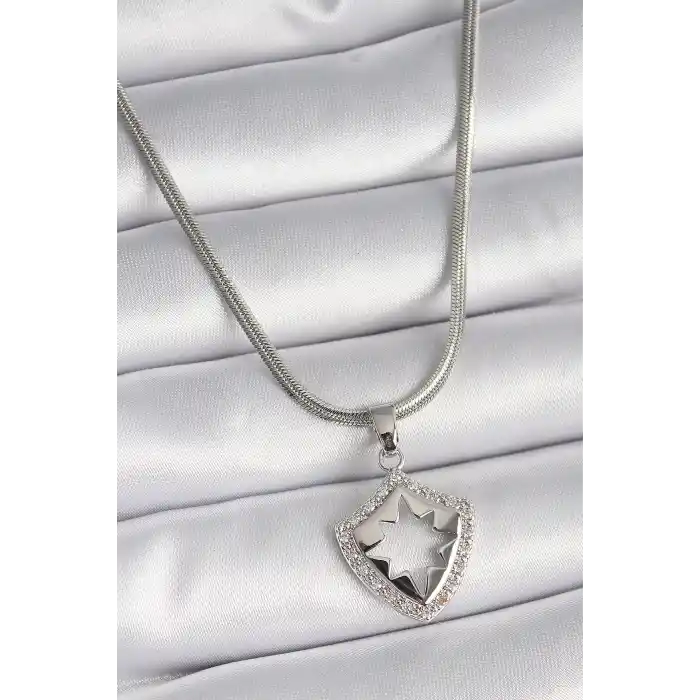 316L Çelik Gümüş Renk İtalyan Zincir Zirkon Taşlı Kutup Yıldızı İşleme Model Kadın Kolye